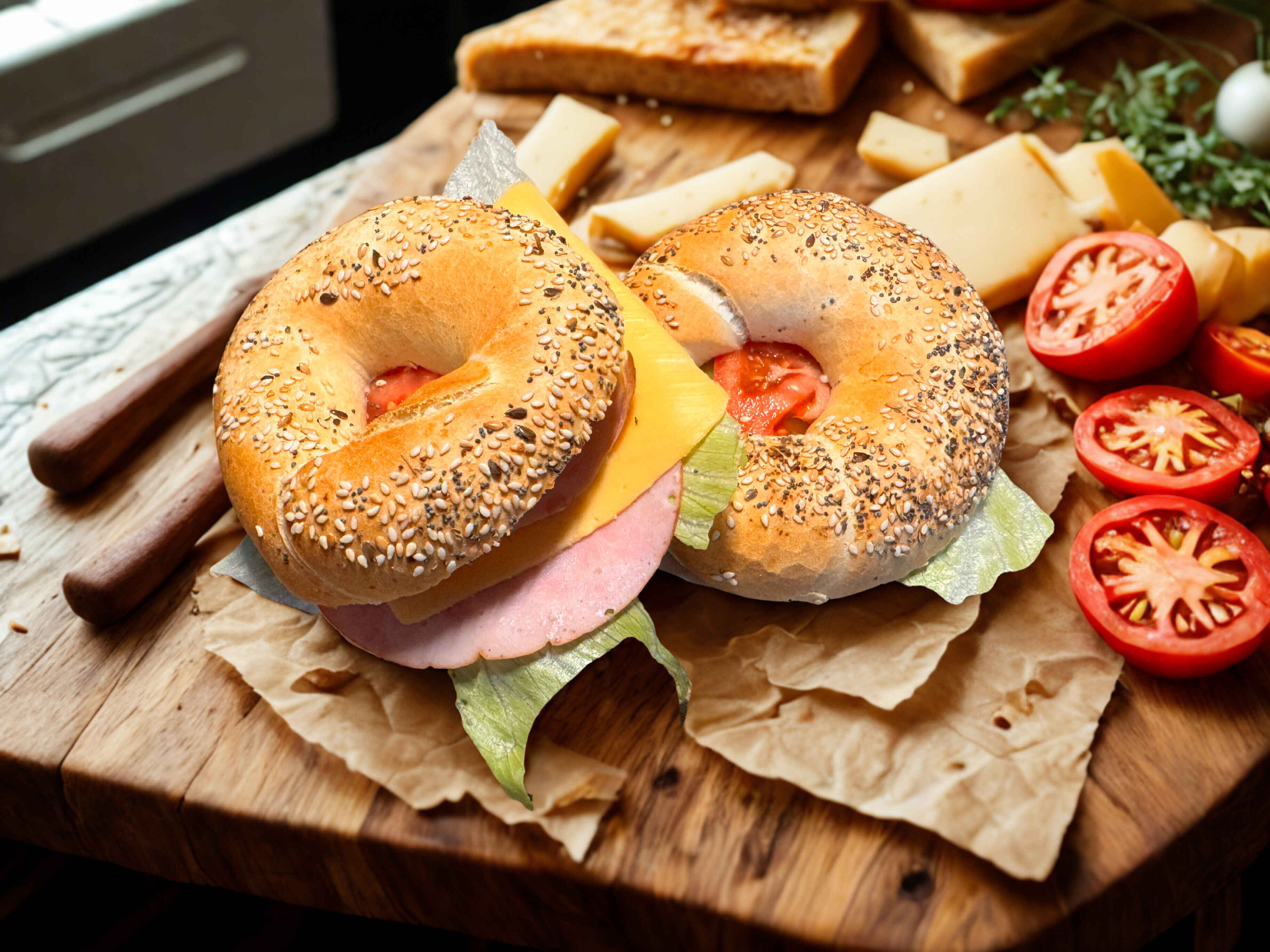 Bajgiel z serem i szynką